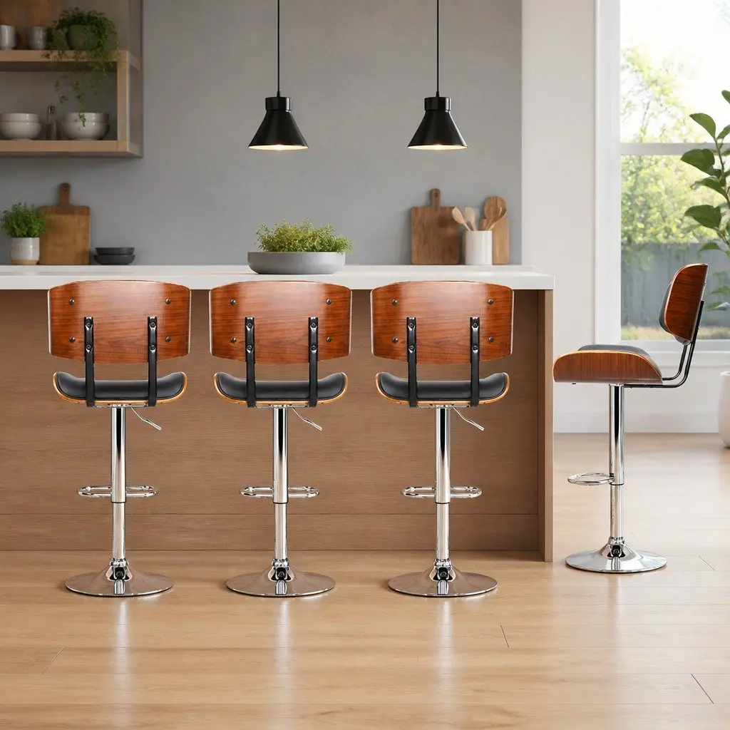 Bar Stools Swivel Adjustable Height Chrome Base Padded Seat Wooden 4 Piece Set