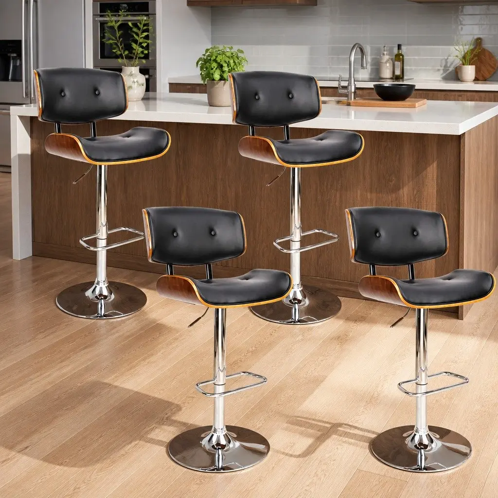 Bar Stools Swivel Adjustable Height Chrome Base Padded Seat Wooden 4 Piece Set