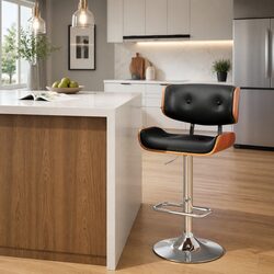 Adjustable Height Black Padded Bar Stool with Chrome Base