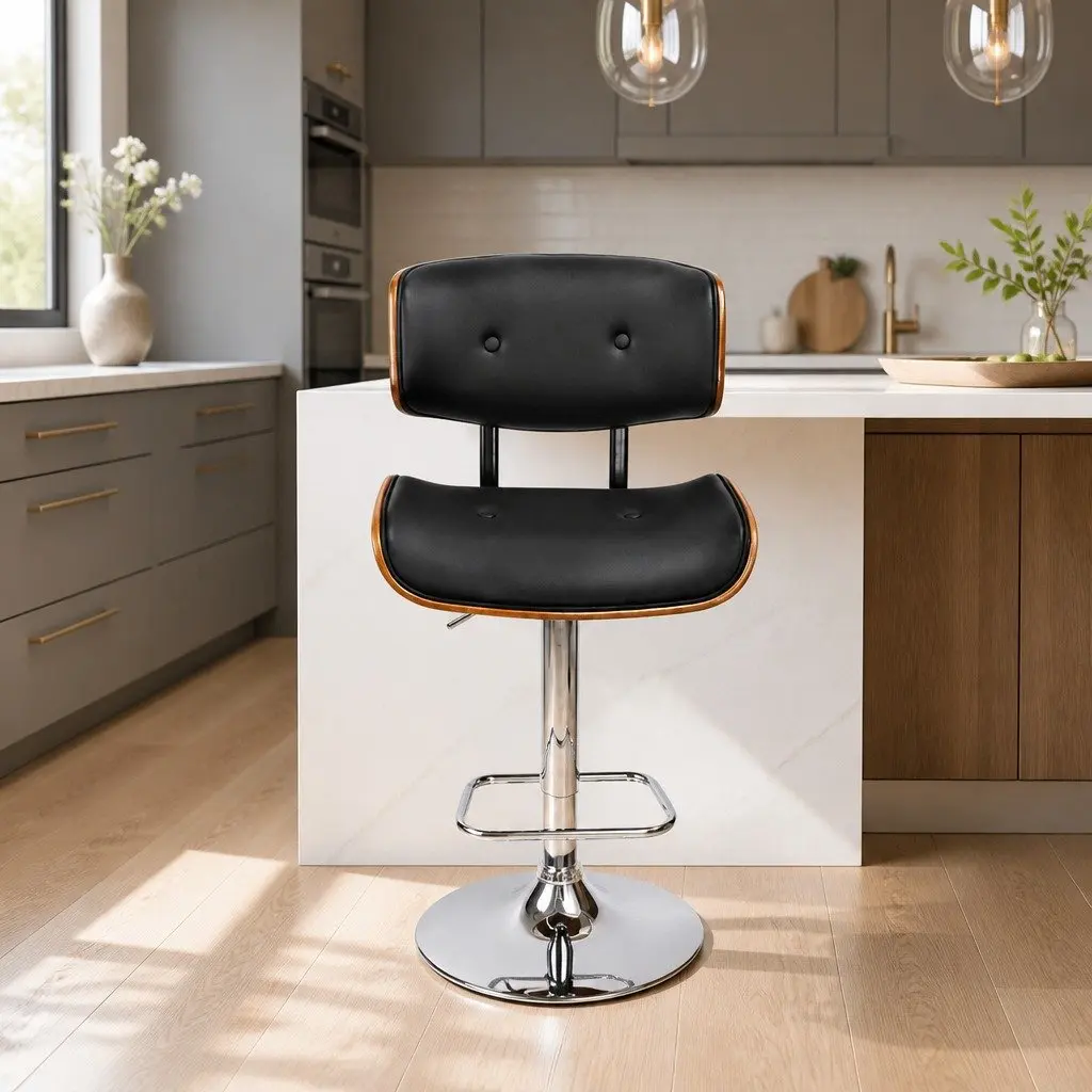 Bar Stools Swivel Black Padded Seat Chrome Base Height Adjustable Wooden Seat