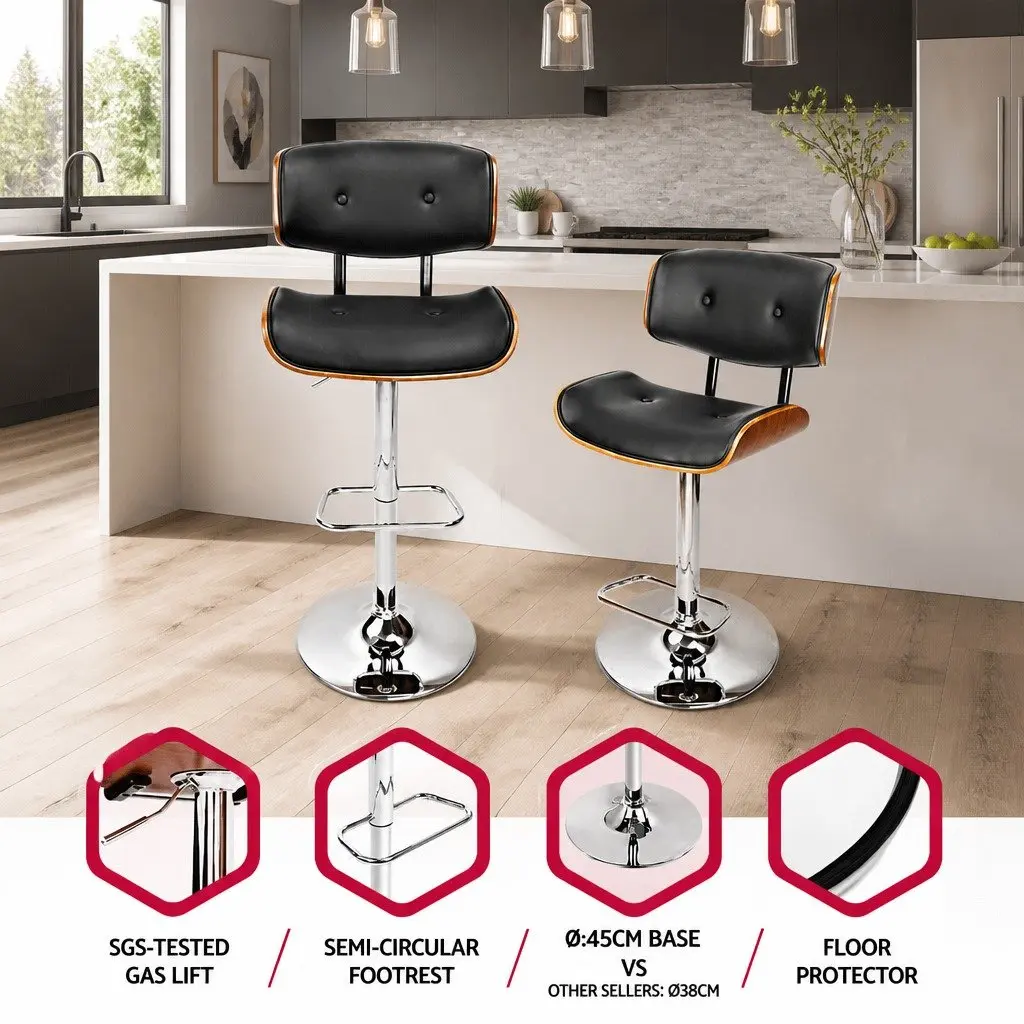 Bar Stools Swivel Black Padded Seat Chrome Base Height Adjustable Wooden Seat
