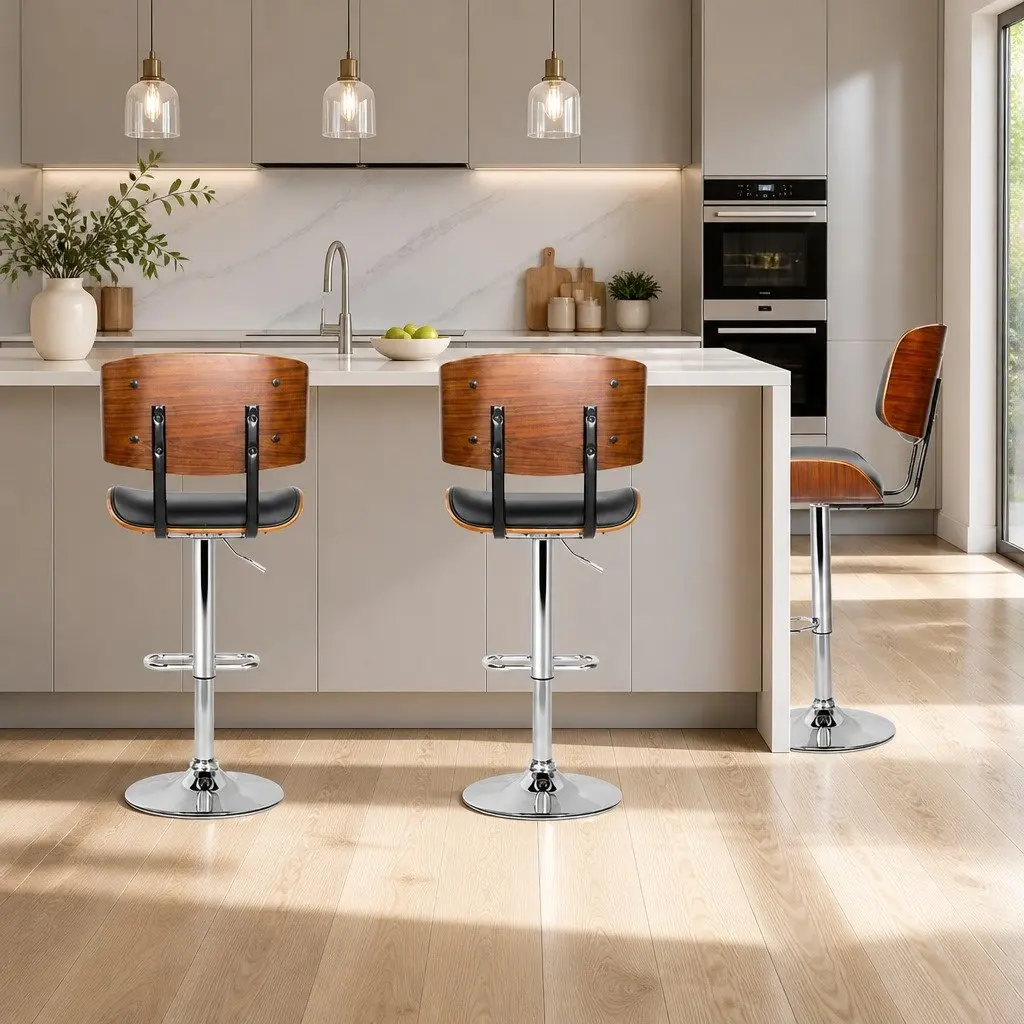 Bar Stools Swivel Black Padded Seat Chrome Base Height Adjustable Wooden Seat