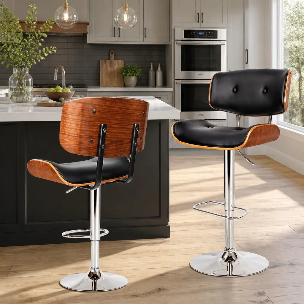 Bar Stools Swivel Black Padded Seat Chrome Base Height Adjustable Wooden Seat
