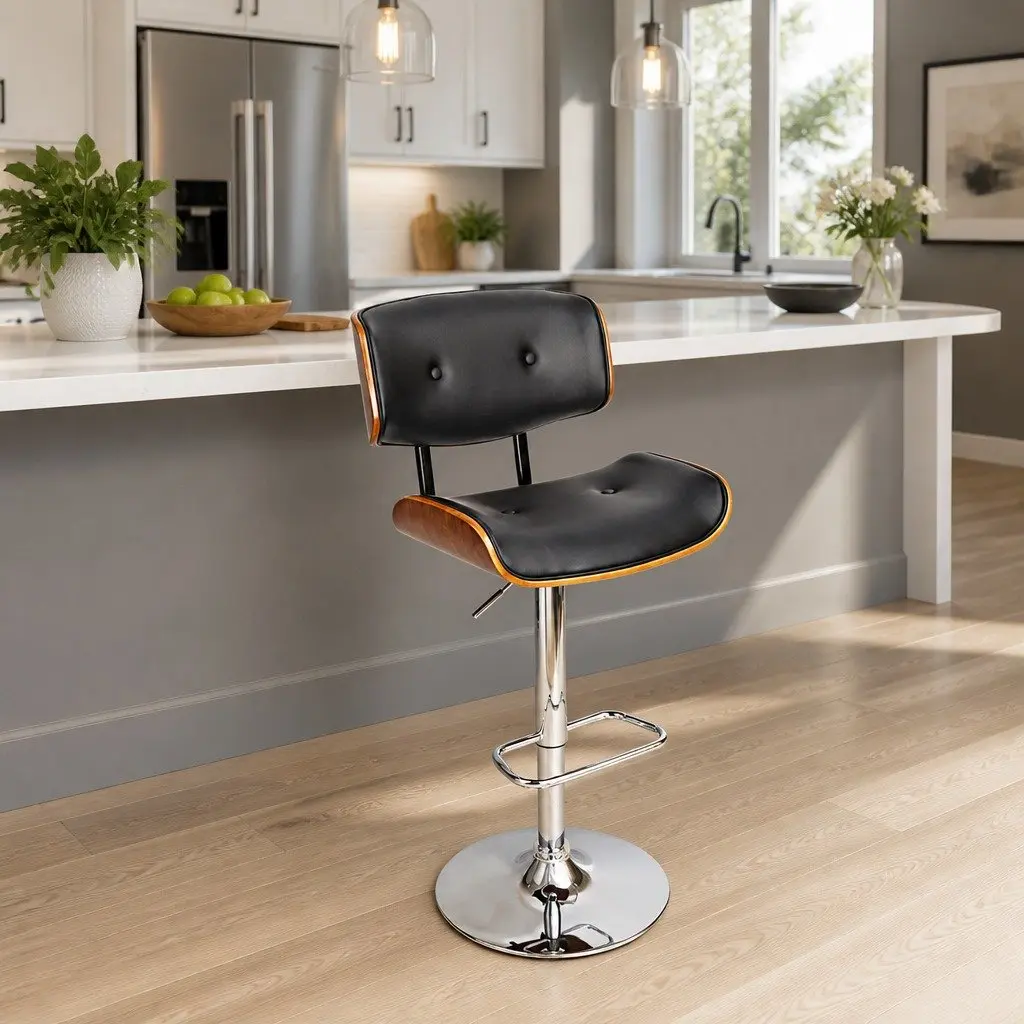 Bar Stools Swivel Black Padded Seat Chrome Base Height Adjustable Wooden Seat