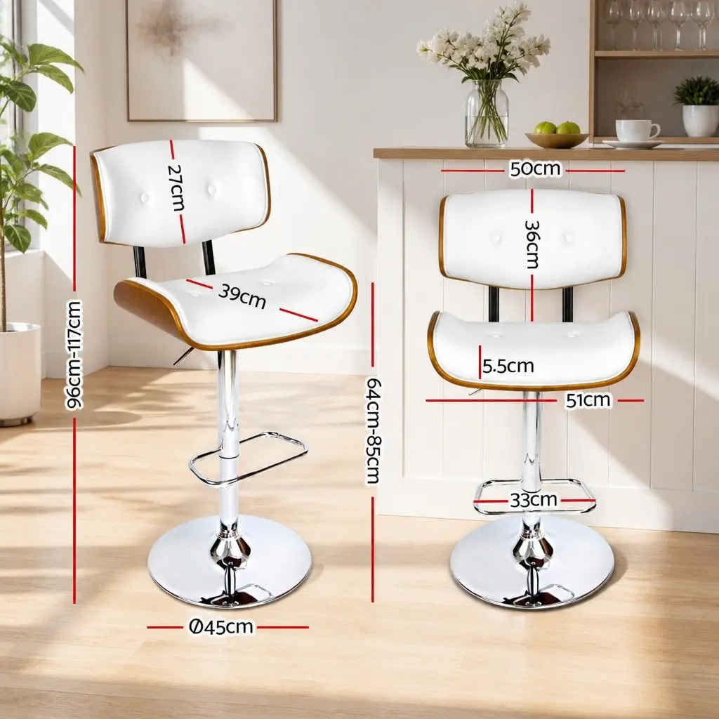 Bar Stools Swivel Gas Lift White PU Leather Padded Seat Chrome Base 2 Piece