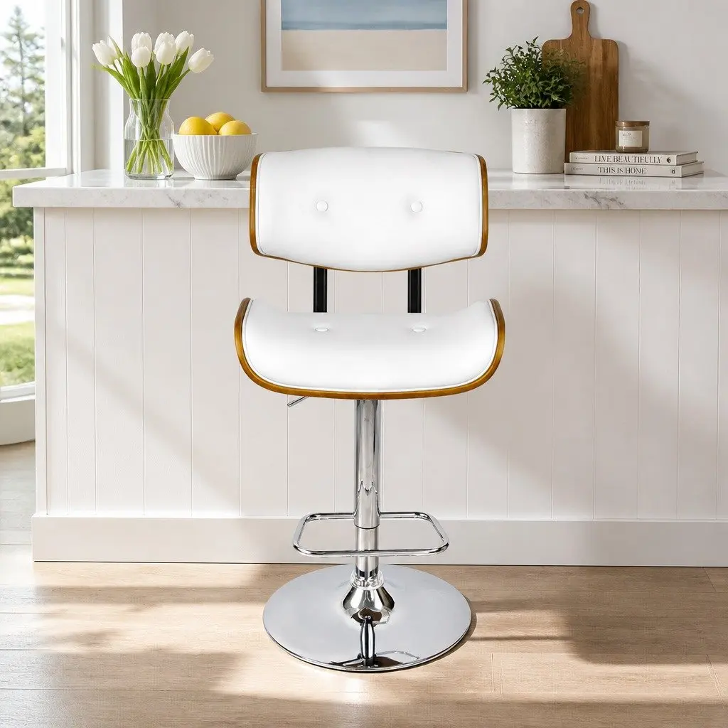 Bar Stools Swivel Gas Lift White PU Leather Padded Seat Chrome Base 2 Piece