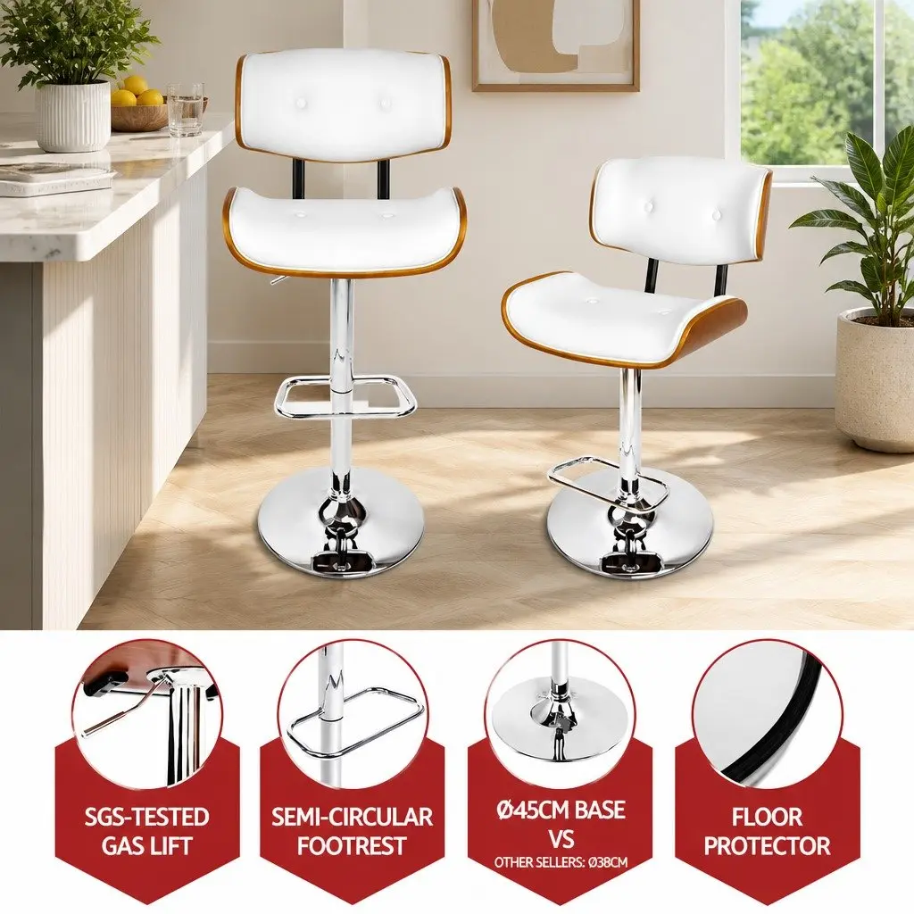 Bar Stools Swivel Gas Lift White PU Leather Padded Seat Chrome Base 2 Piece