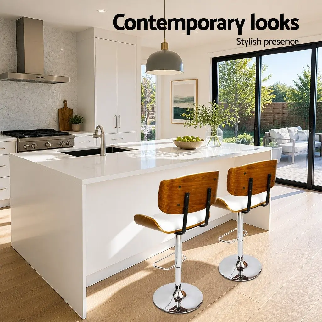 Bar Stools Swivel Gas Lift White PU Leather Padded Seat Chrome Base 2 Piece