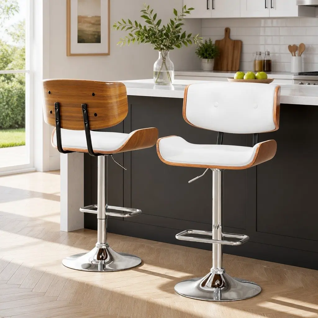 Bar Stools Swivel Gas Lift White PU Leather Padded Seat Chrome Base 2 Piece