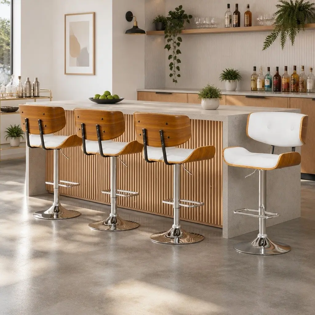 Bar Stools White Padded Seat Gas Lift Swivel 4 Piece Steel Base