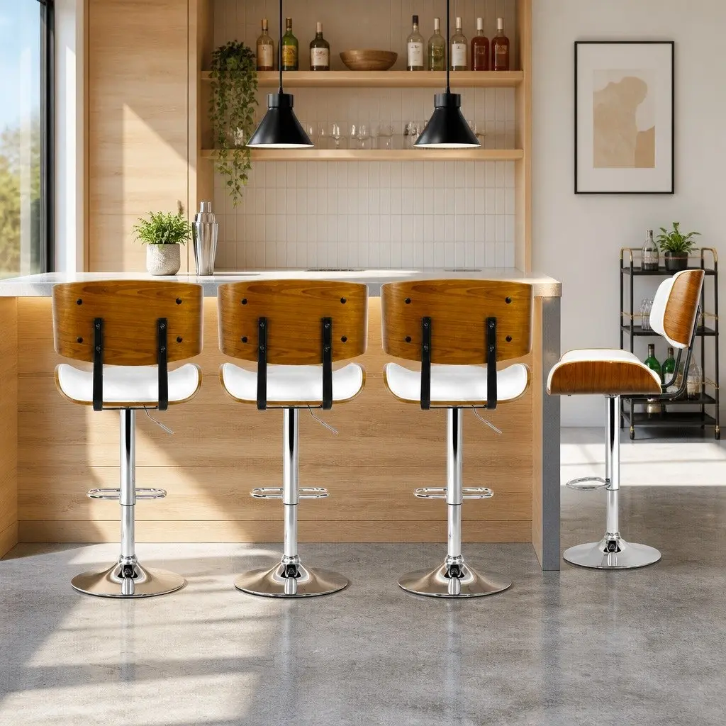 Bar Stools White Padded Seat Gas Lift Swivel 4 Piece Steel Base