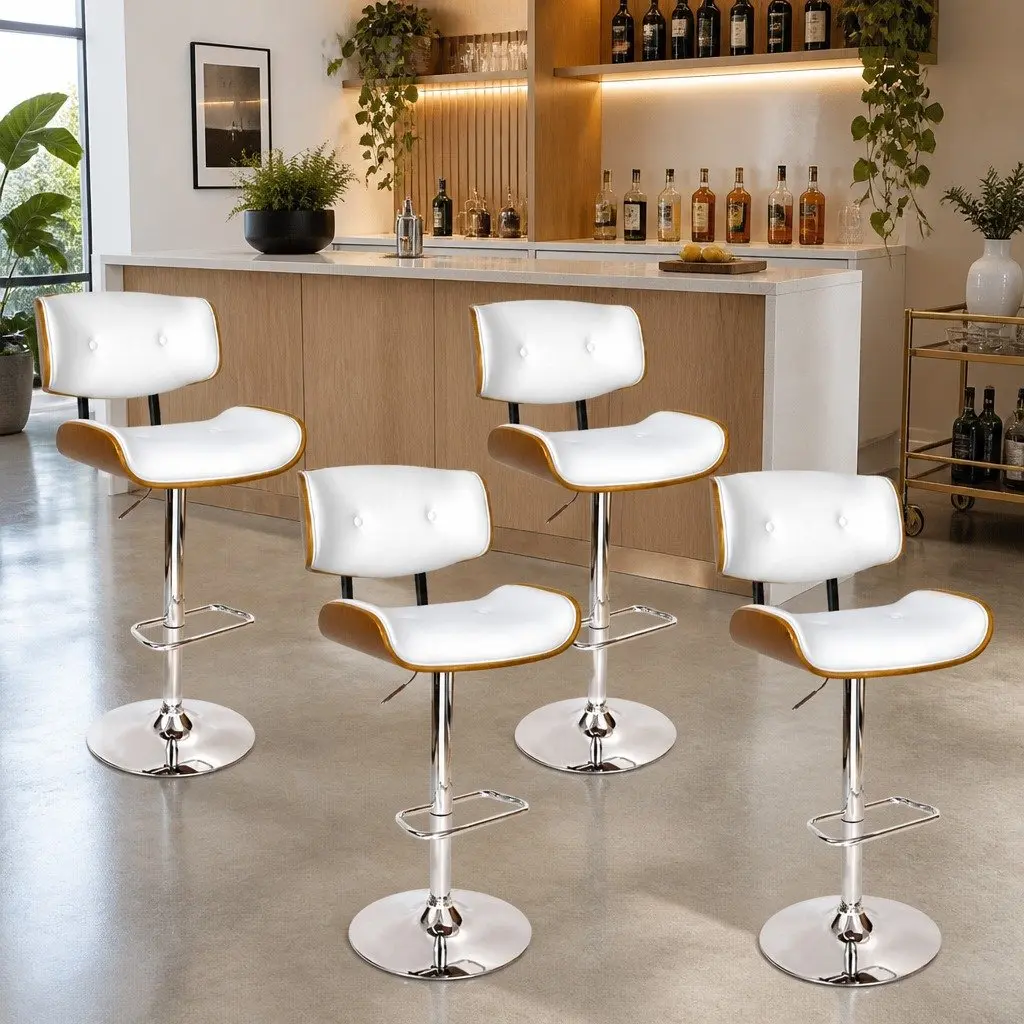 Bar Stools White Padded Seat Gas Lift Swivel 4 Piece Steel Base
