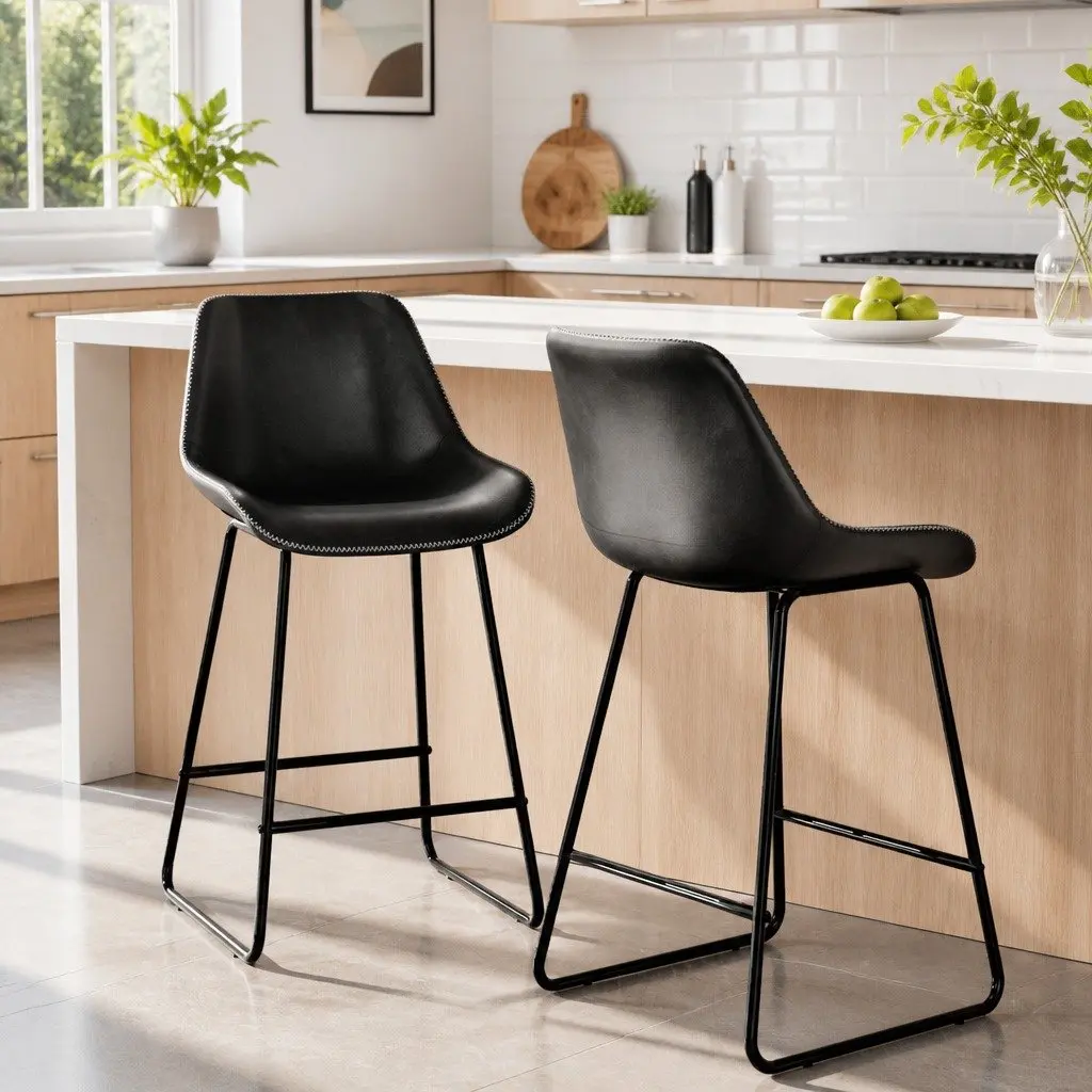 Set of 2 Black PU Leather Bar Stools for Kitchen