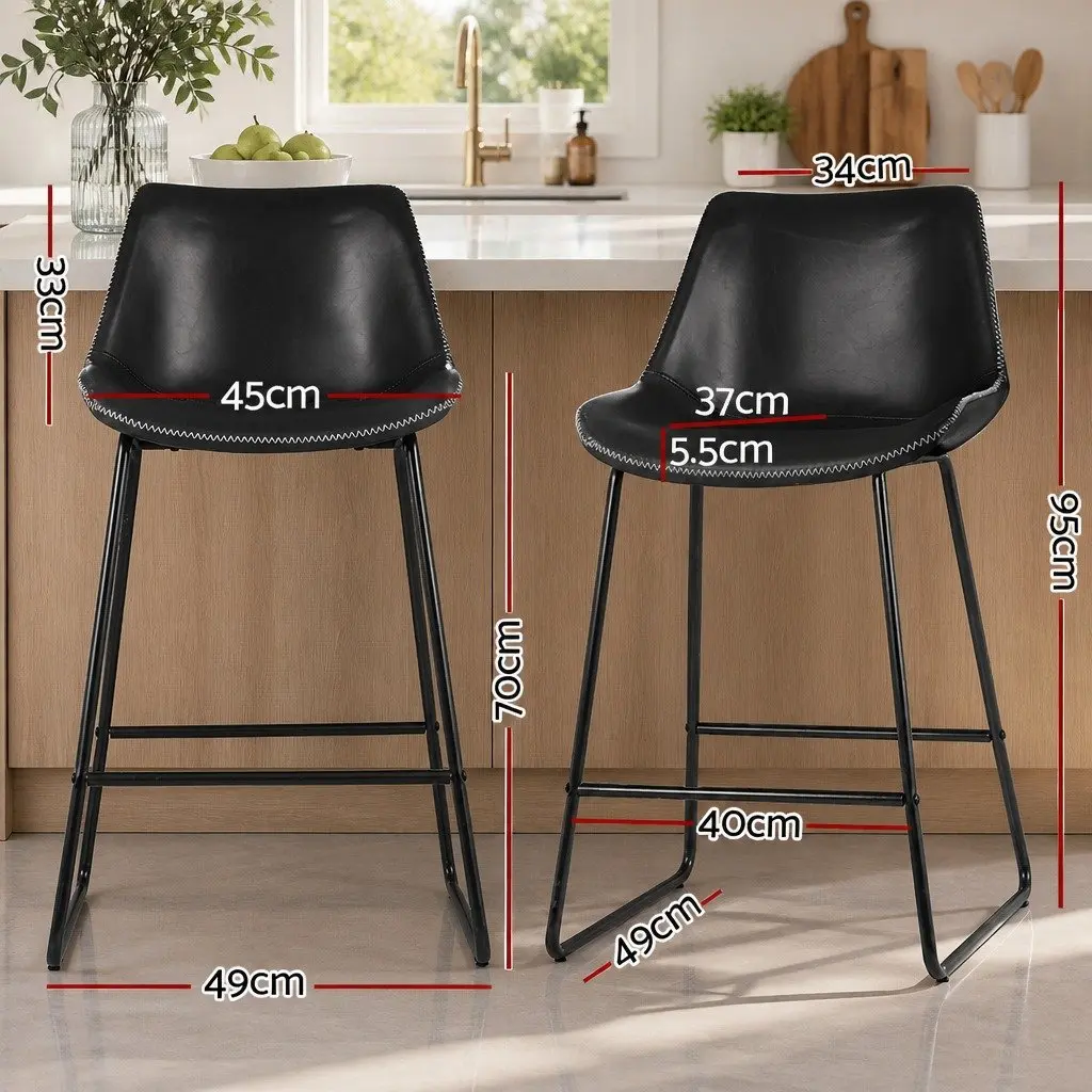 Set of 2 Black PU Leather Bar Stools for Kitchen