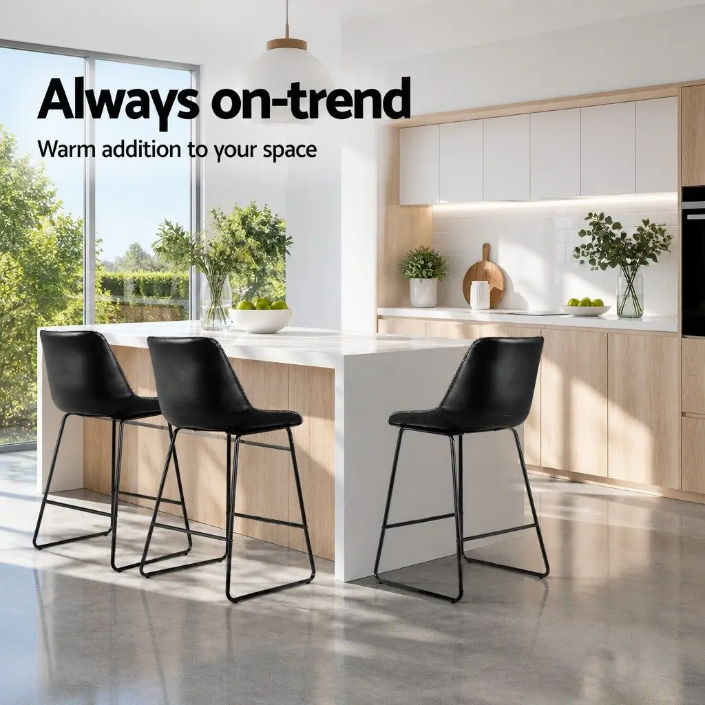 Set of 2 Black PU Leather Bar Stools for Kitchen