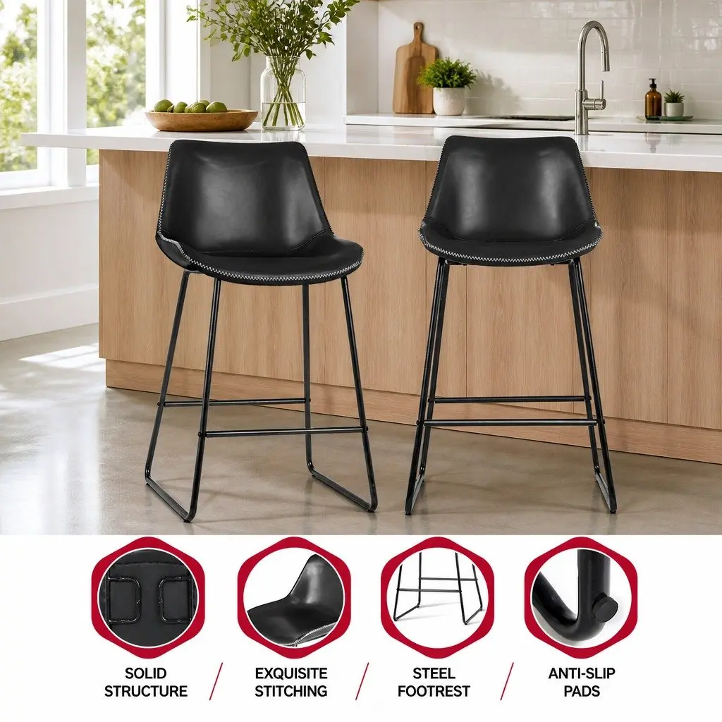 Set of 2 Black PU Leather Bar Stools for Kitchen