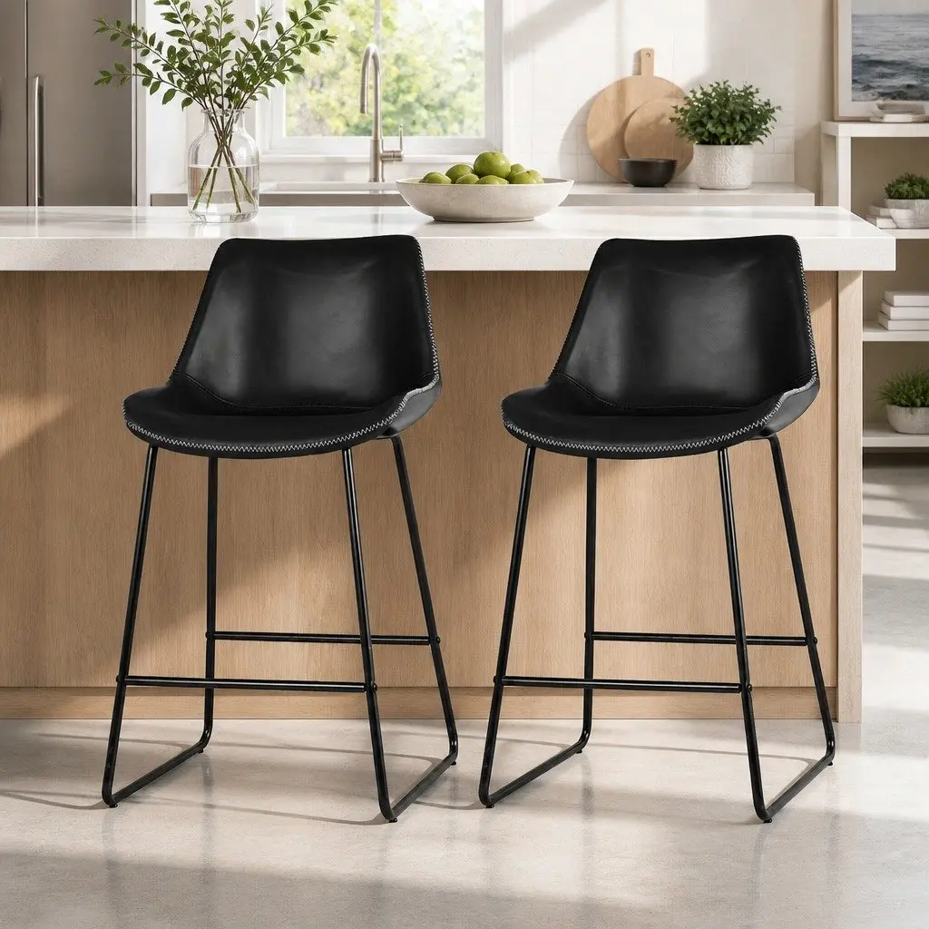 Set of 2 Black PU Leather Bar Stools for Kitchen