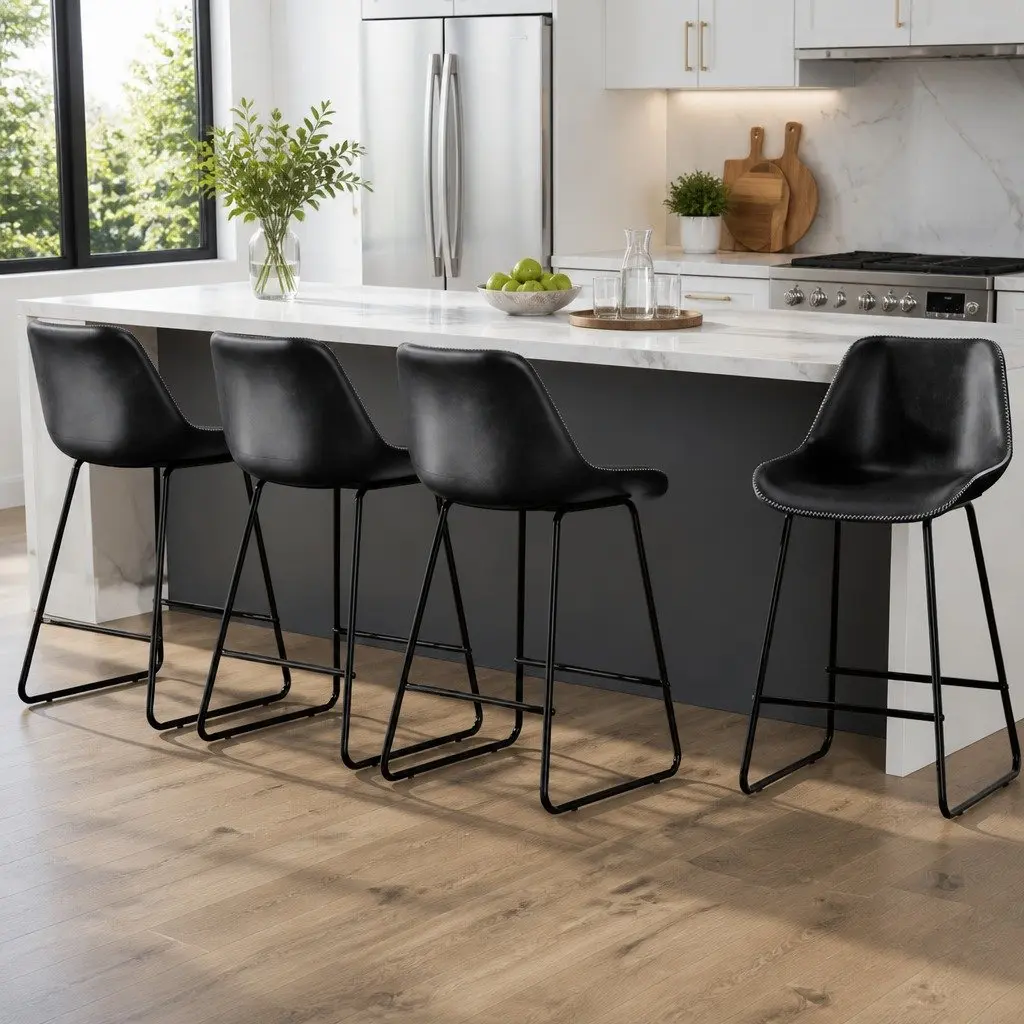 Bar Stools Padded Leather Seat Black Metal Frame Kitchen Counter Height Set of 4
