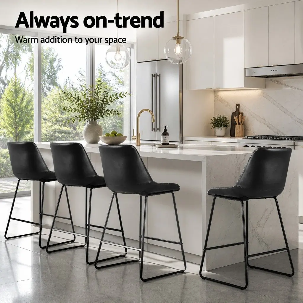 Bar Stools Padded Leather Seat Black Metal Frame Kitchen Counter Height Set of 4