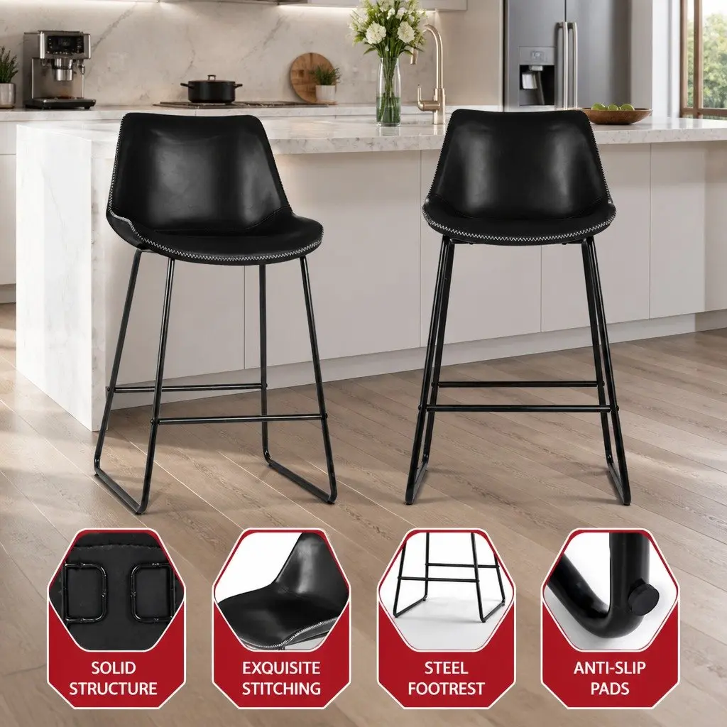 Bar Stools Padded Leather Seat Black Metal Frame Kitchen Counter Height Set of 4