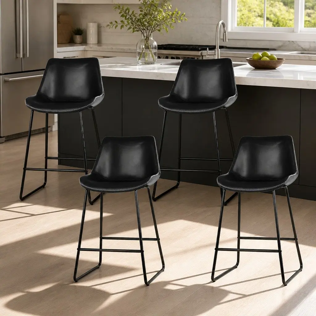 Bar Stools Padded Leather Seat Black Metal Frame Kitchen Counter Height Set of 4