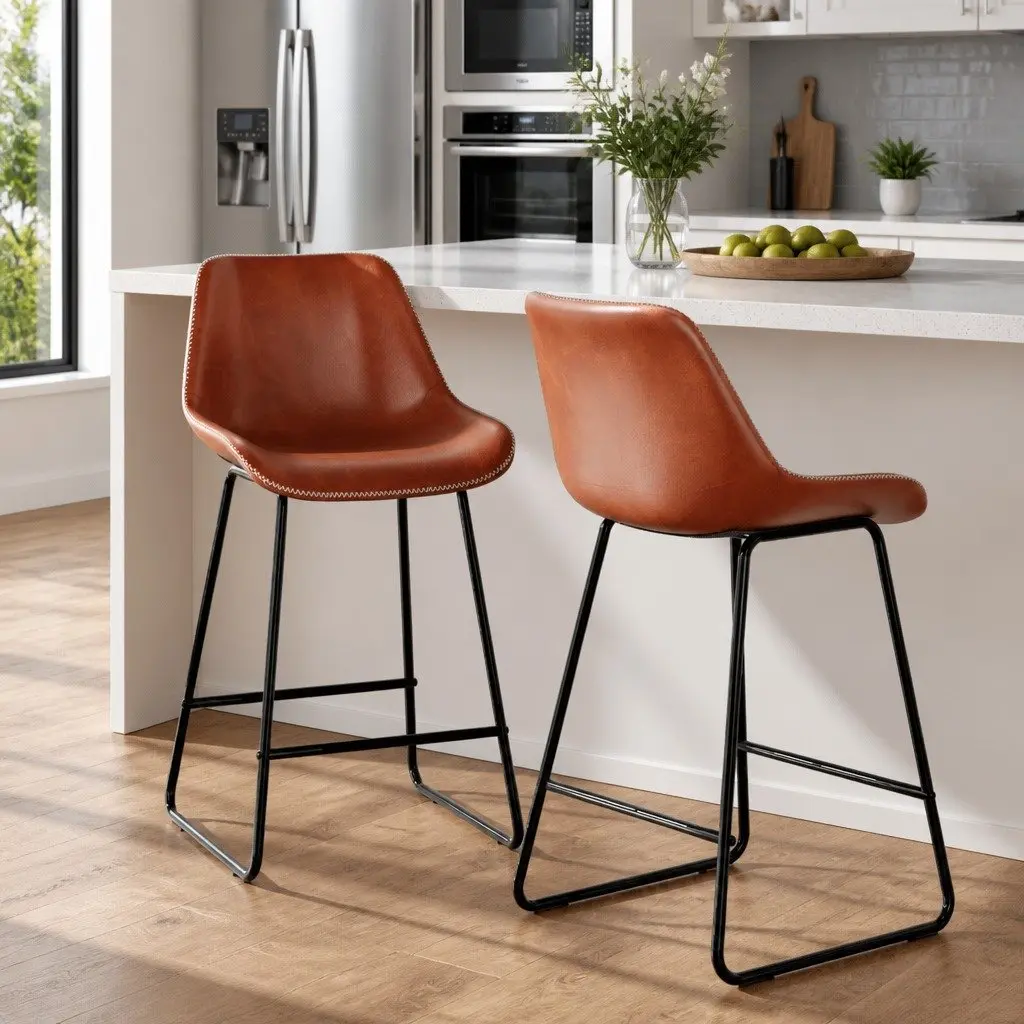 Brown PU Leather Bar Stools Set of 2 for Kitchen
