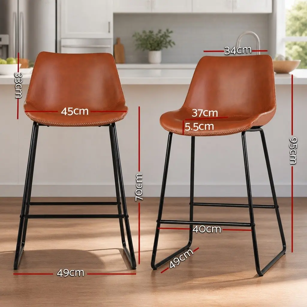 Brown PU Leather Bar Stools Set of 2 for Kitchen