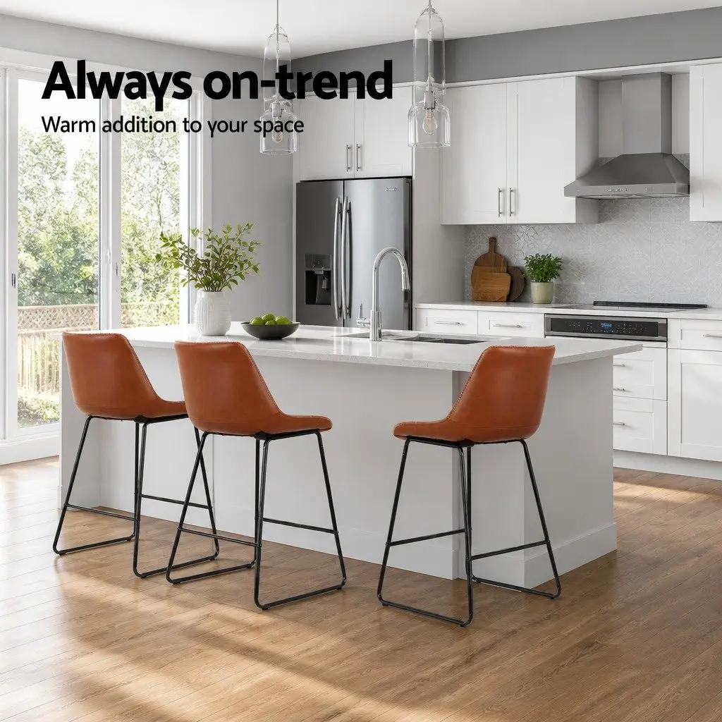 Brown PU Leather Bar Stools Set of 2 for Kitchen