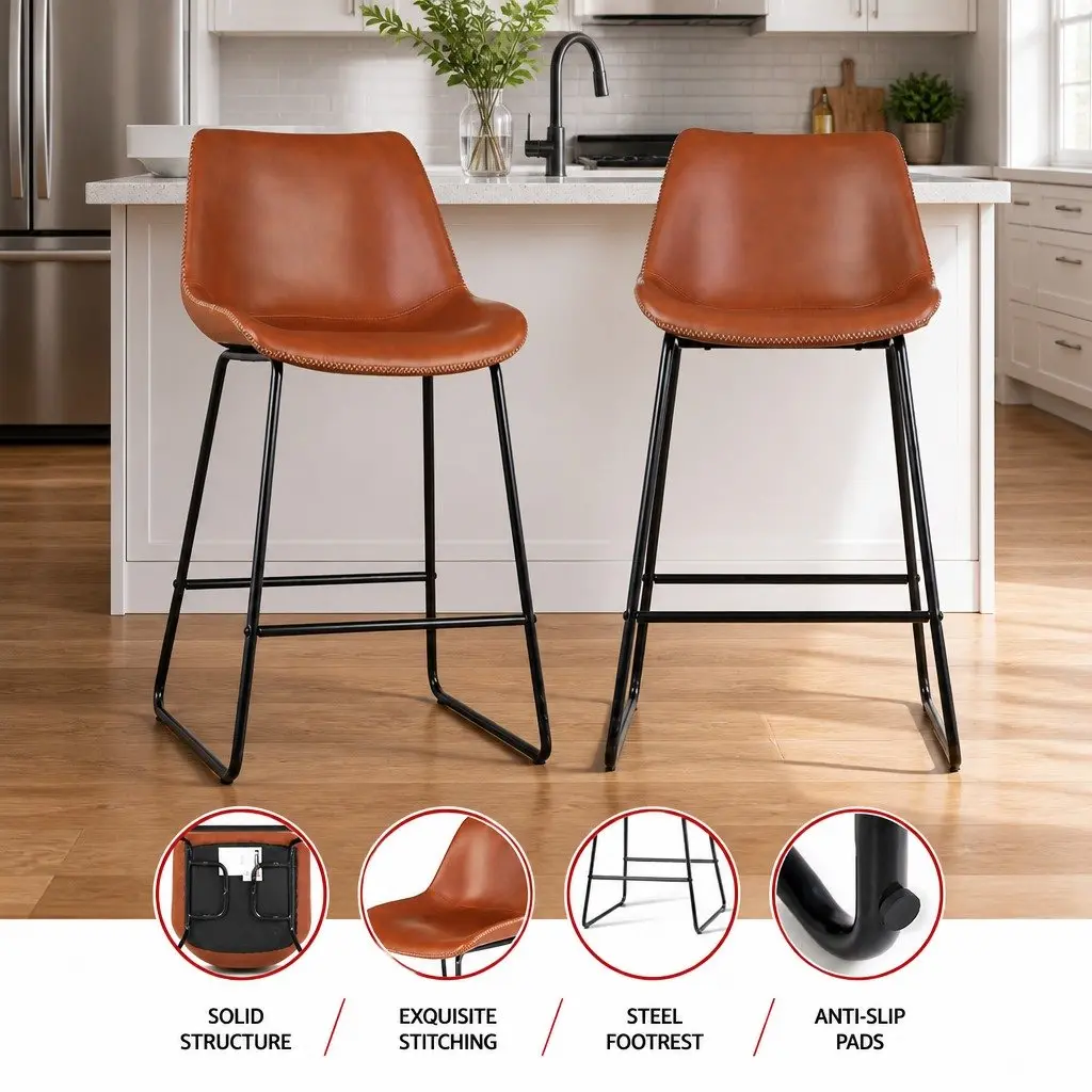 Brown PU Leather Bar Stools Set of 2 for Kitchen