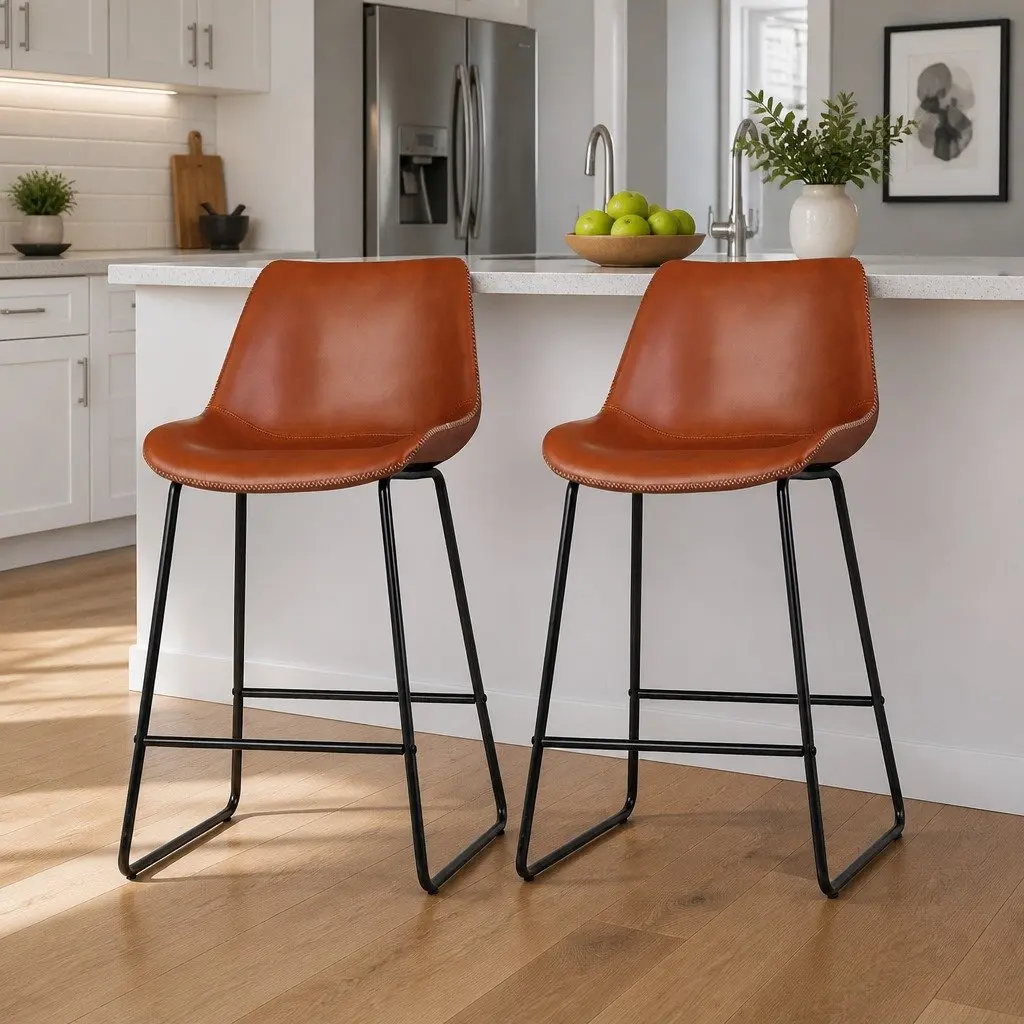 Brown PU Leather Bar Stools Set of 2 for Kitchen