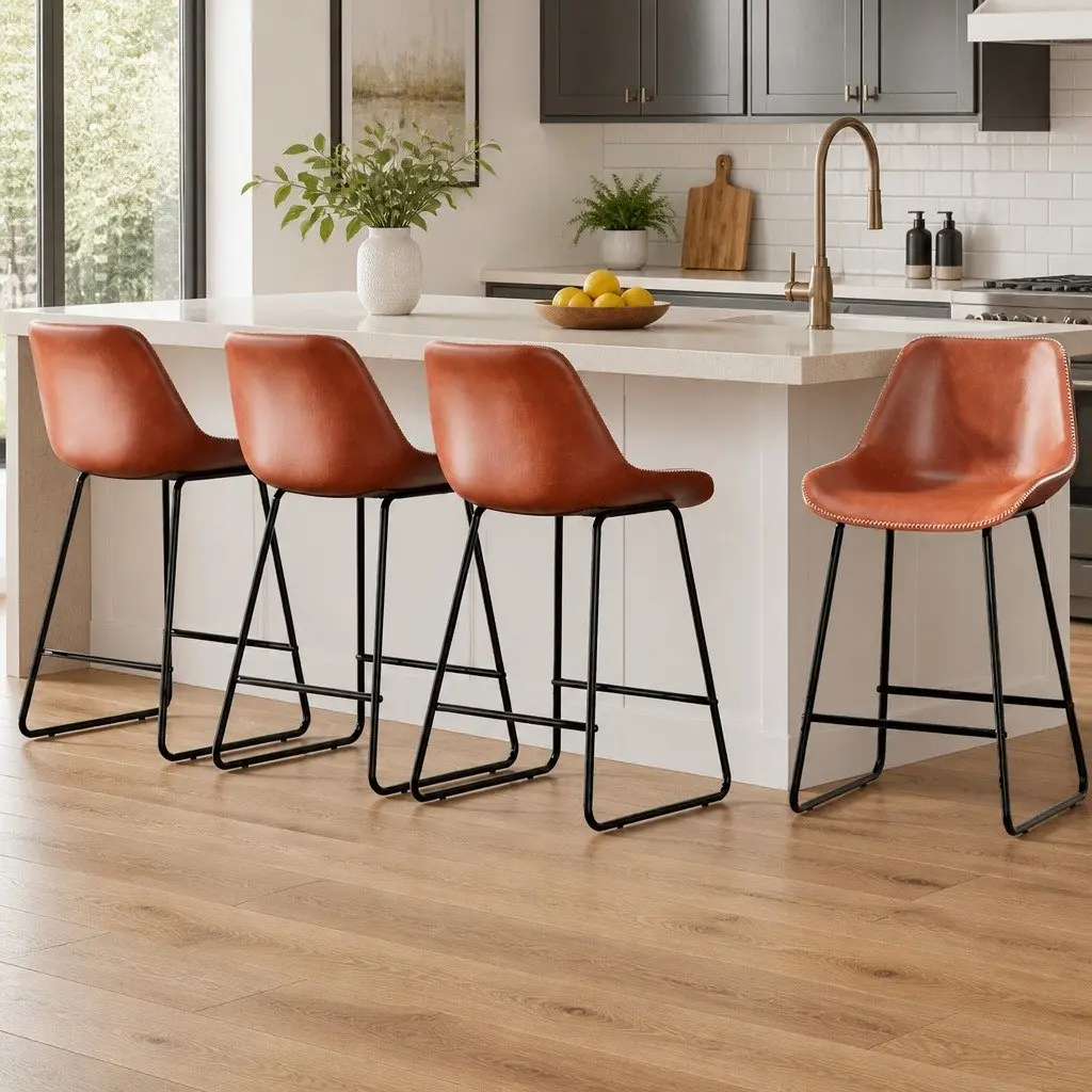 Brown Bar Stools Set of 4 with Padded Seats