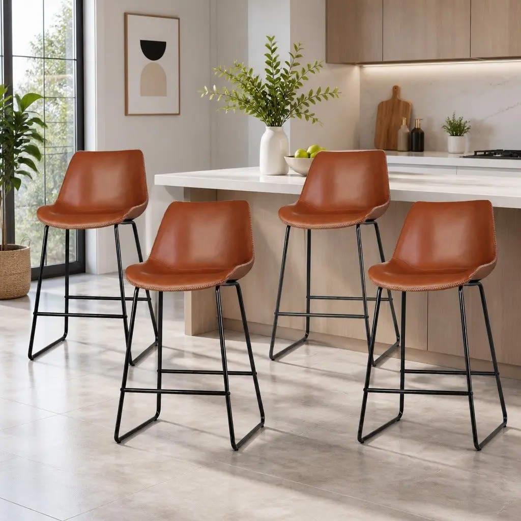 Brown Bar Stools Set of 4 with Padded Seats