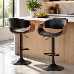 Adjustable Black Leather Bar Stools with Armrests, Set of 2