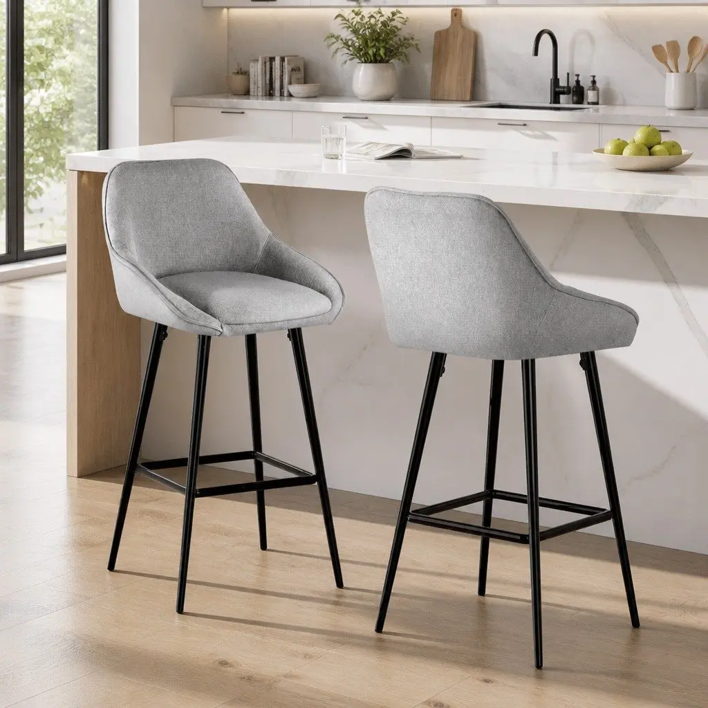 Set of 2 Grey Upholstered Bar Stools for Dining