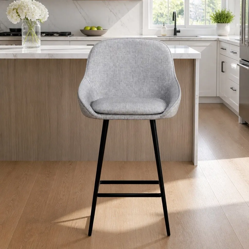 Set of 2 Grey Upholstered Bar Stools for Dining