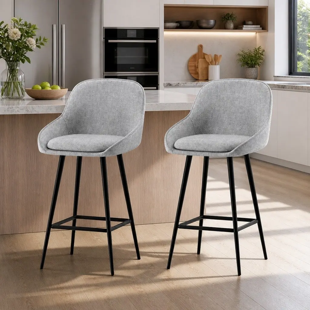 Set of 2 Grey Upholstered Bar Stools for Dining