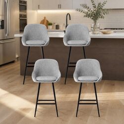 Set of 4 Grey Upholstered Bar Stools with Metal Legs