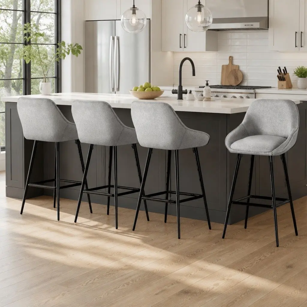 Upholstered Bar Stools Grey Padded Seat Metal Legs 60cm Height Set of 4