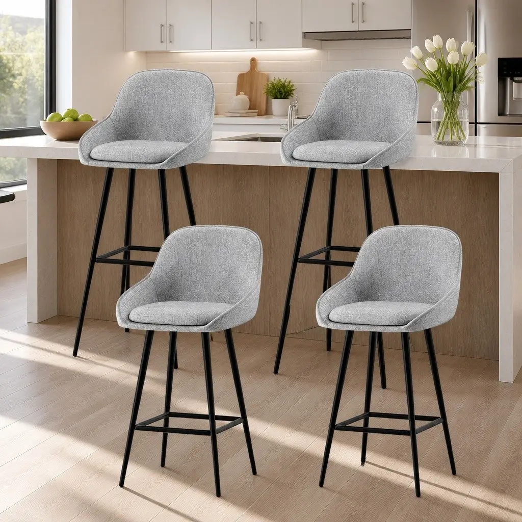 Upholstered Bar Stools Grey Padded Seat Metal Legs 60cm Height Set of 4