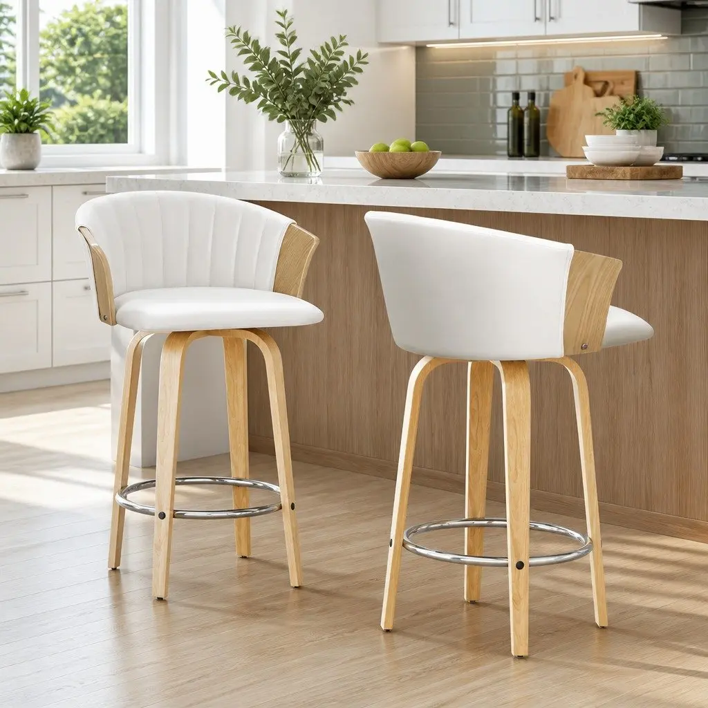 Swivel Bar Stools for Kitchen and Dining, White Leather x2