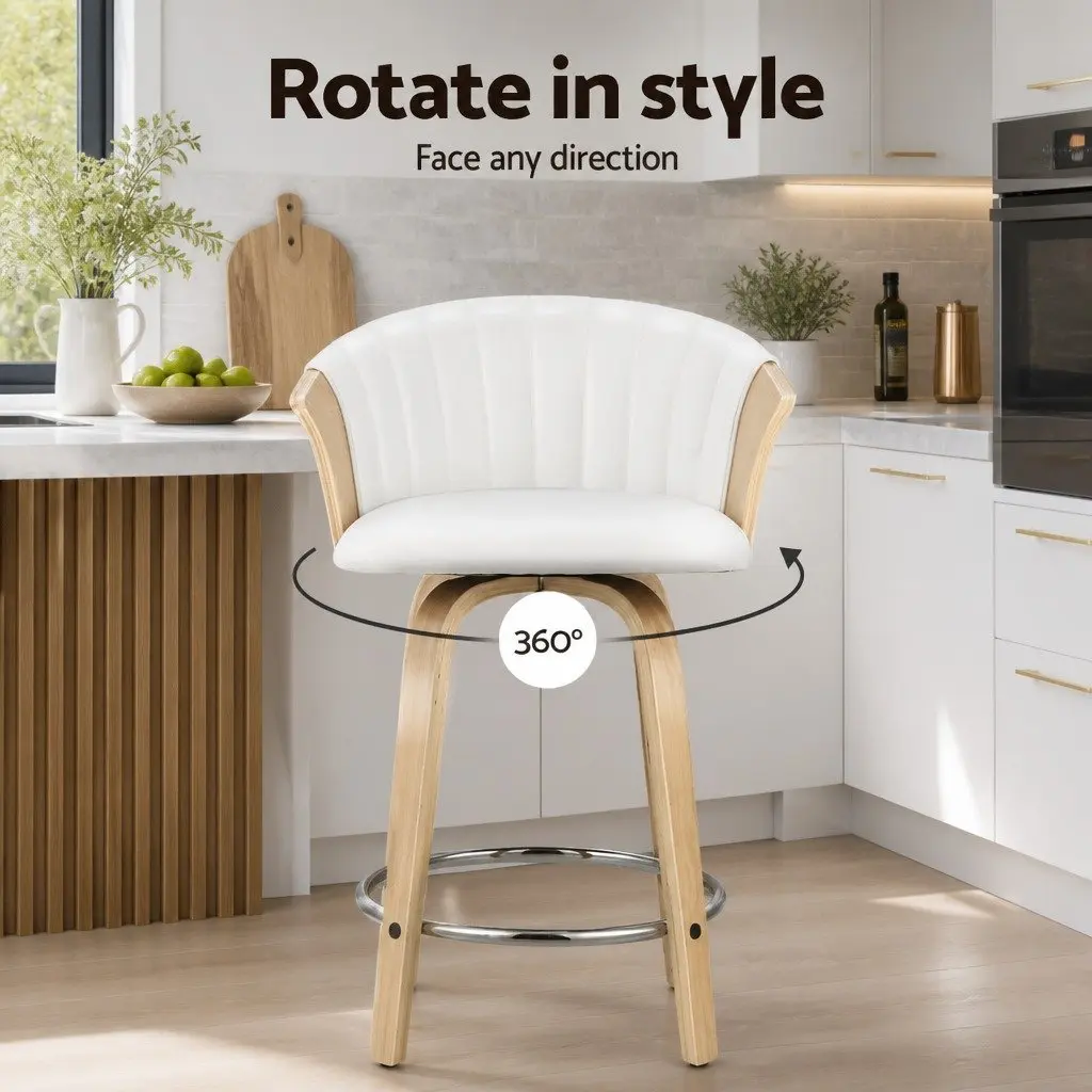 Swivel Bar Stools for Kitchen and Dining, White Leather x2