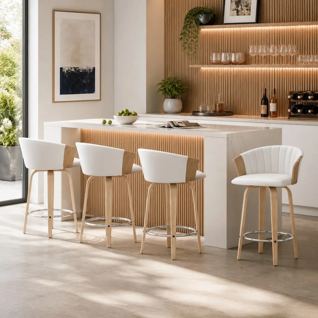 Bar Stools Swivel Chairs White Leather Padded Seat Backrest Chrome Footrest 4 Piece