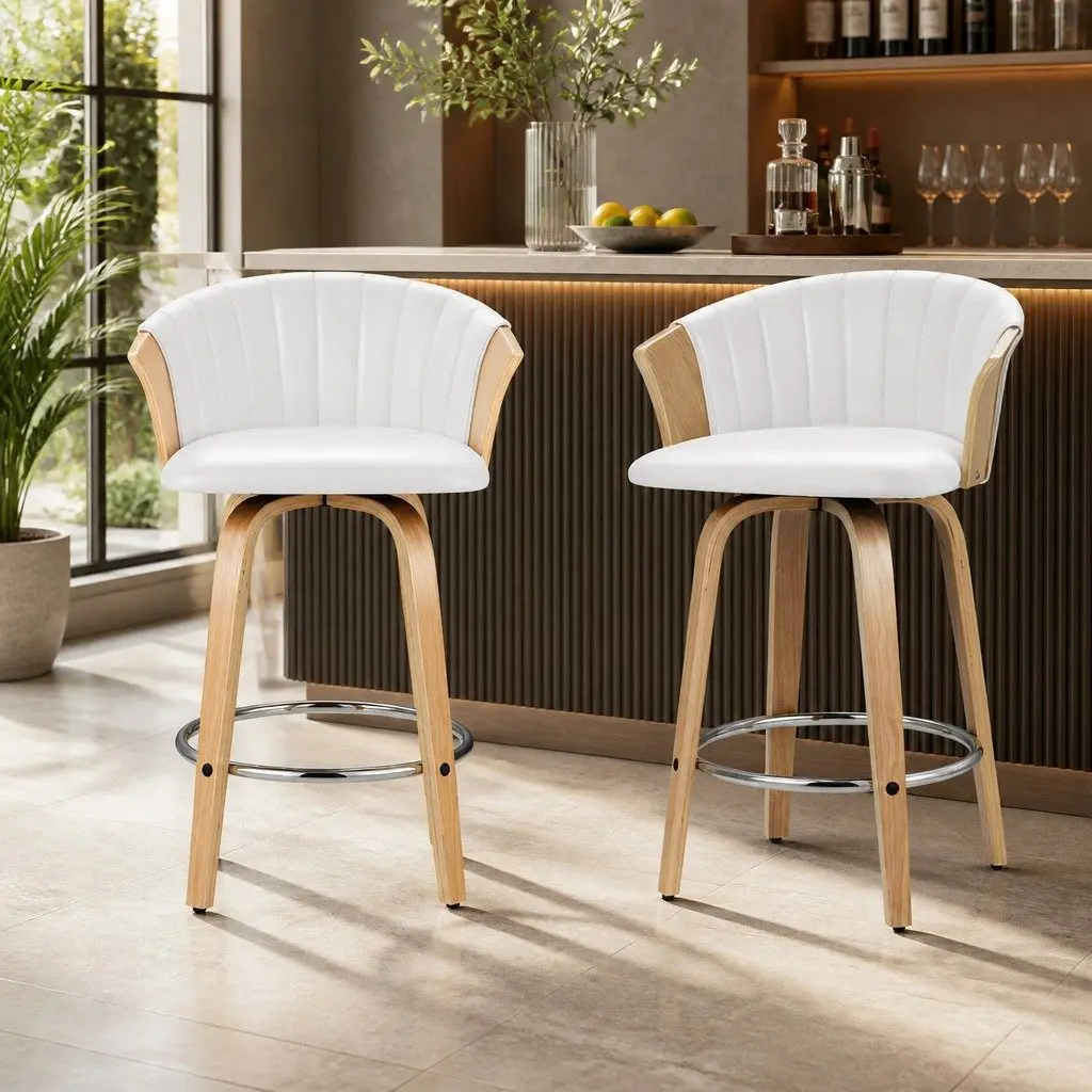 Bar Stools Swivel Chairs White Leather Padded Seat Backrest Chrome Footrest 4 Piece