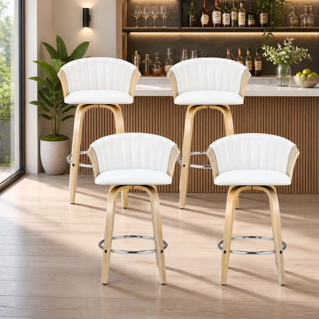 Bar Stools Swivel Chairs White Leather Padded Seat Backrest Chrome Footrest 4 Piece
