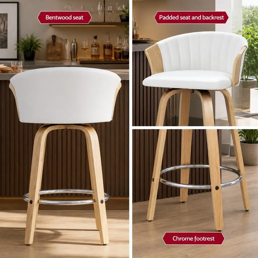 Bar Stools Swivel Chairs White Leather Padded Seat Backrest Chrome Footrest 4 Piece
