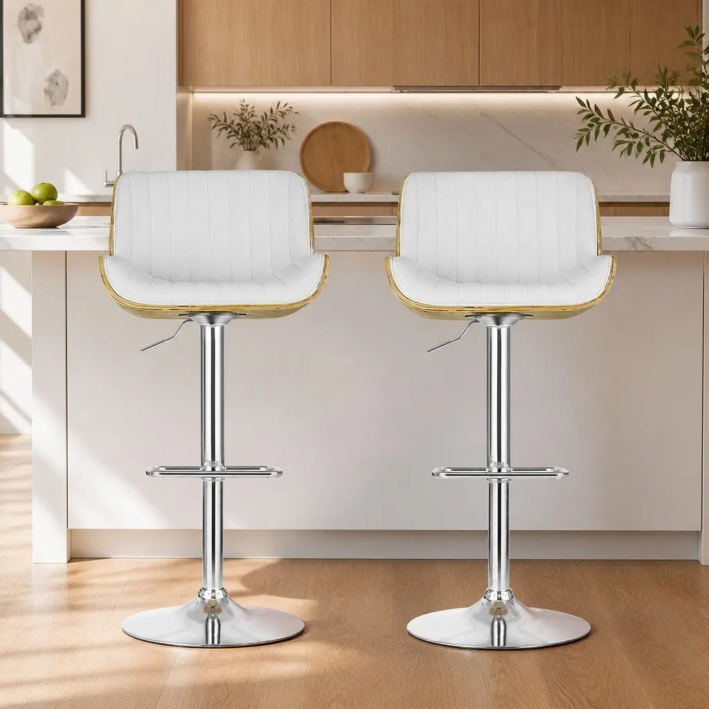 Set of 2 Adjustable White Leather Bar Stools