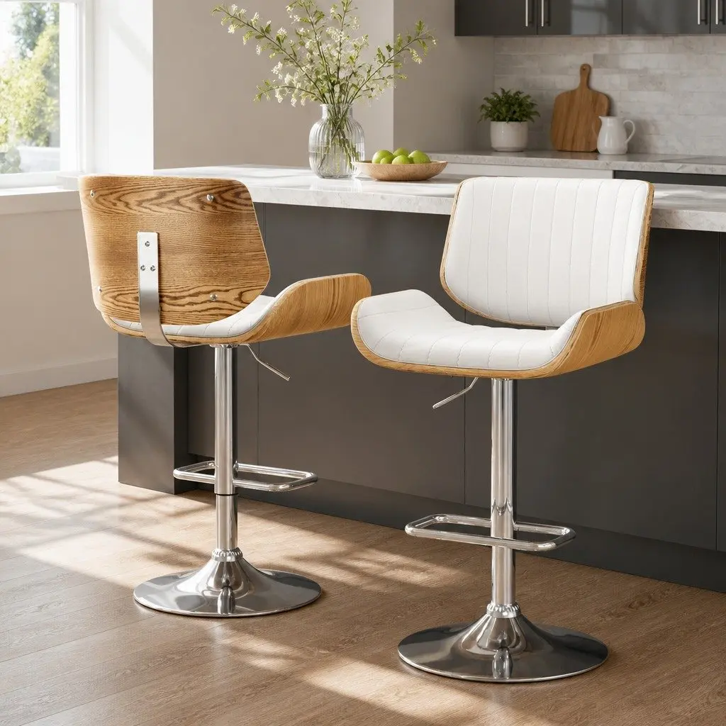 Set of 2 Adjustable White Leather Bar Stools