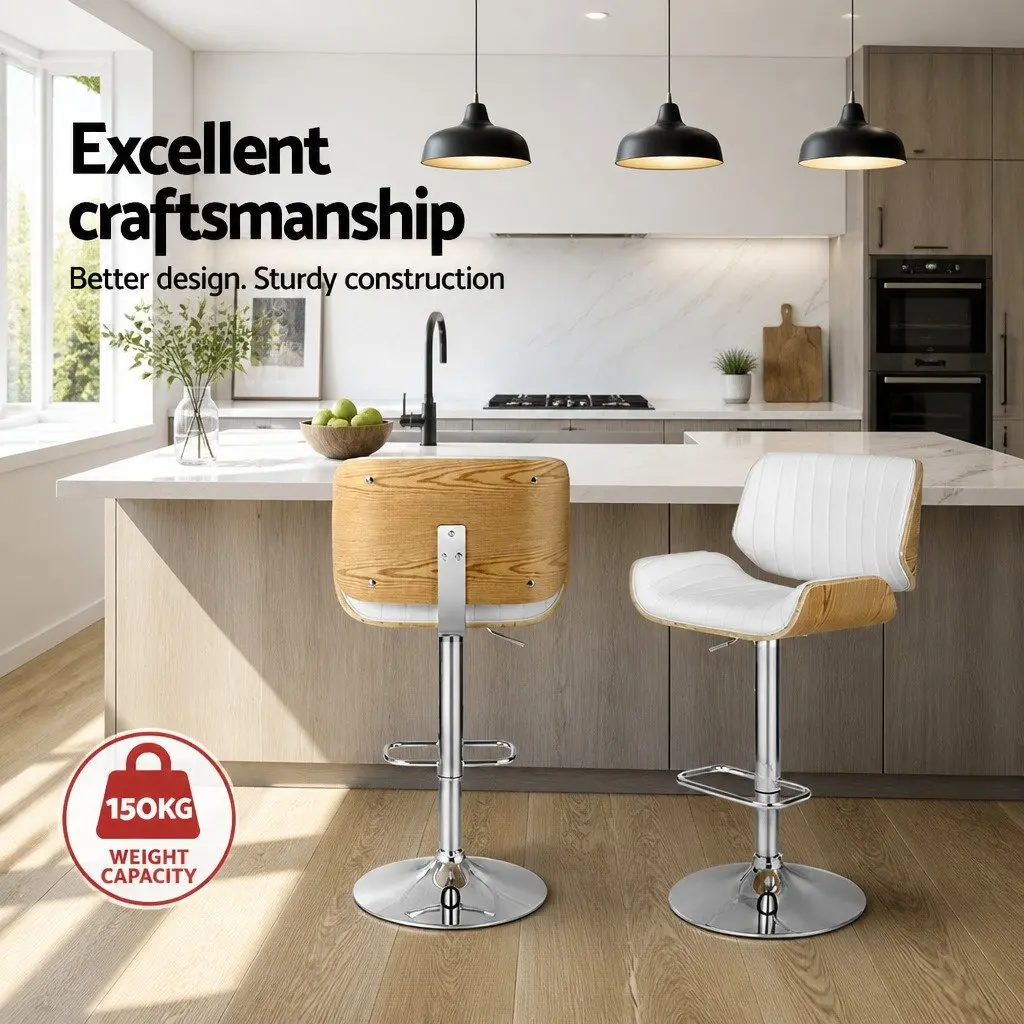 Set of 2 Adjustable White Leather Bar Stools