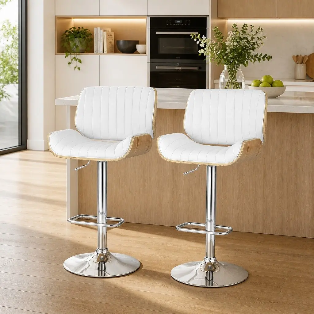 Set of 2 Adjustable White Leather Bar Stools