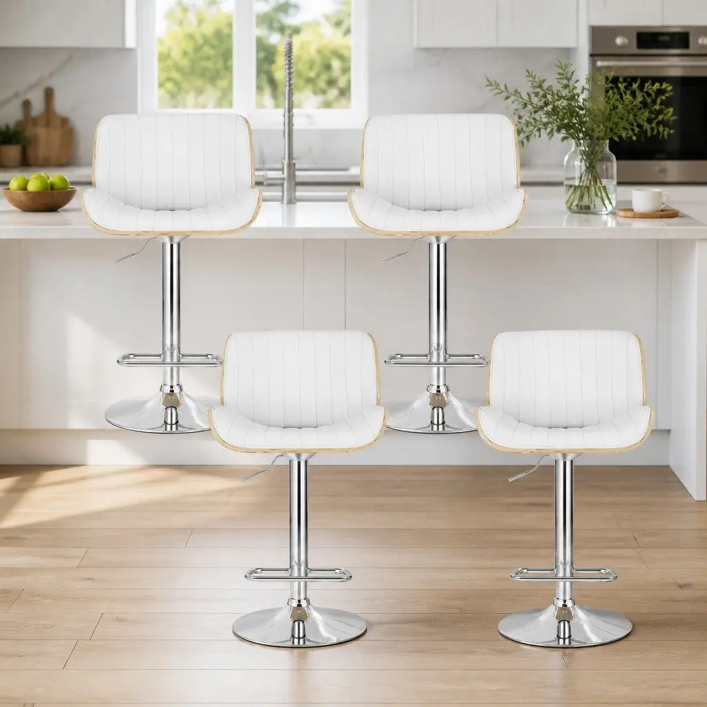 Bar Stools Adjustable Height White Leather 4 Piece Curved Bentwood Swivel Kitchen